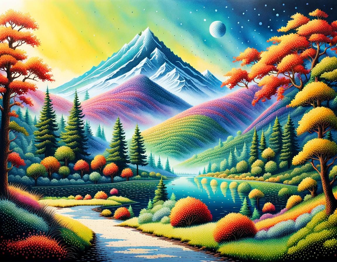 Pointillist Landscape Painting with Detailed Dot Composition