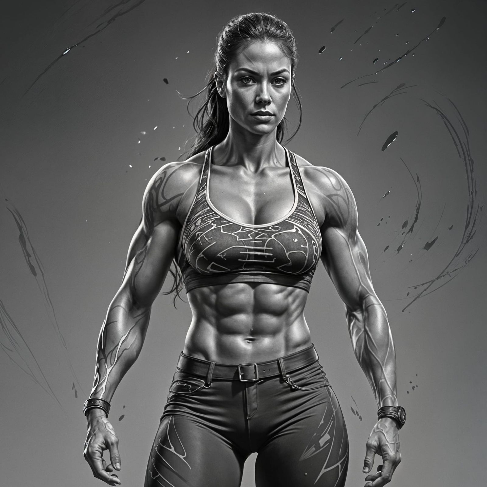Detailed Pencil Sketch of a Muscular Woman
