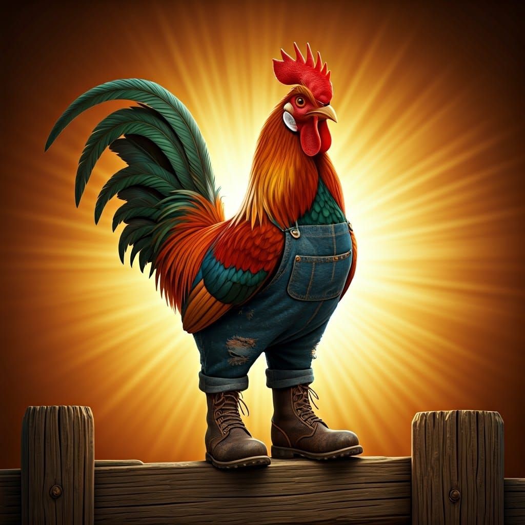 Human-Footed Rooster in Overalls on Wooden Fence
