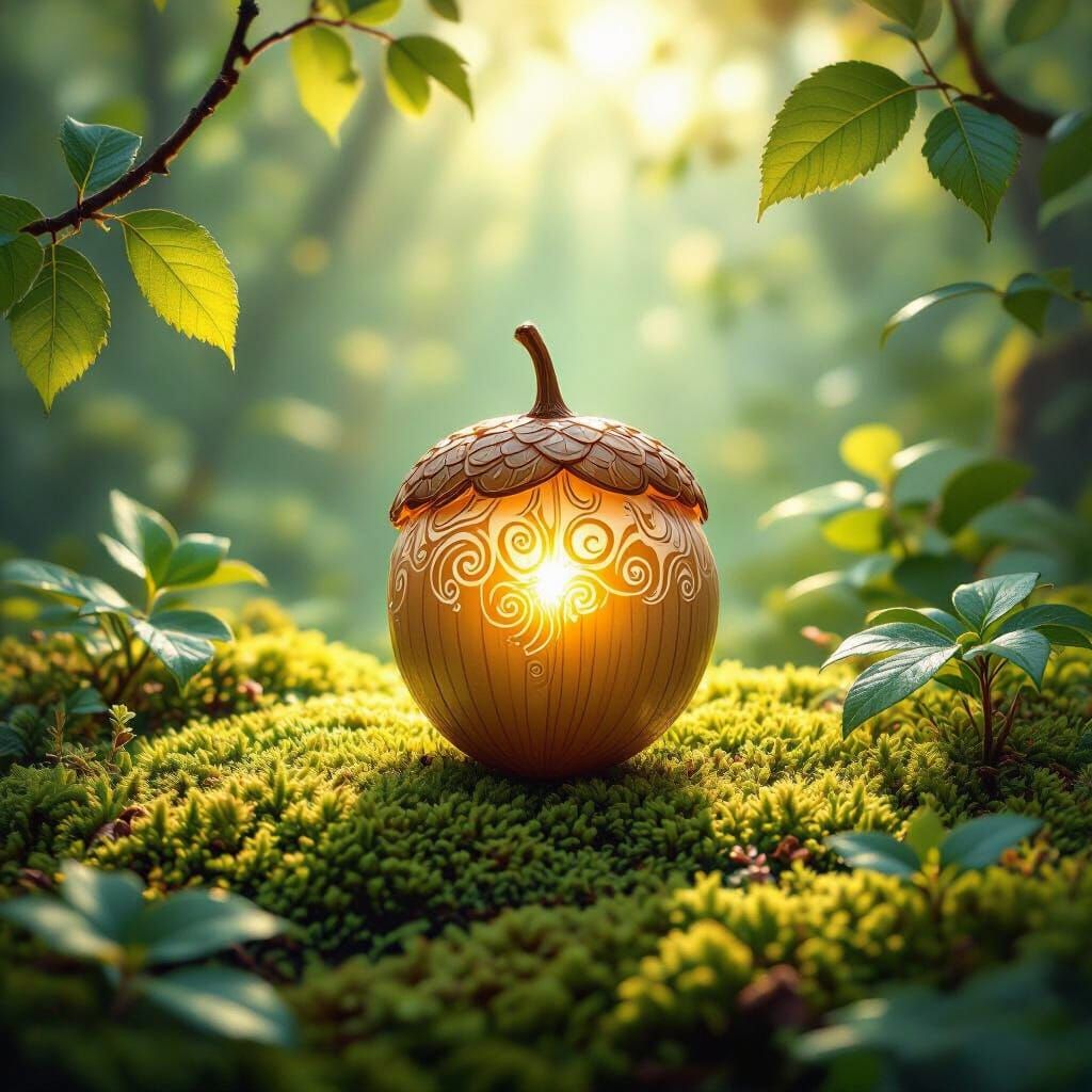 Luminous Acorn in Enchanted Forest, Art Nouveau Style
