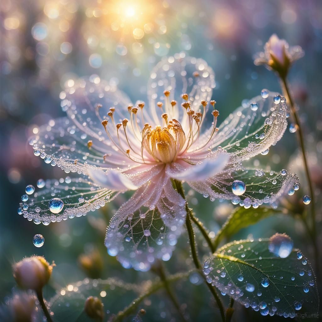 Ethereal Blossom in Shimmering Mist, Dreamy Fantasy Art