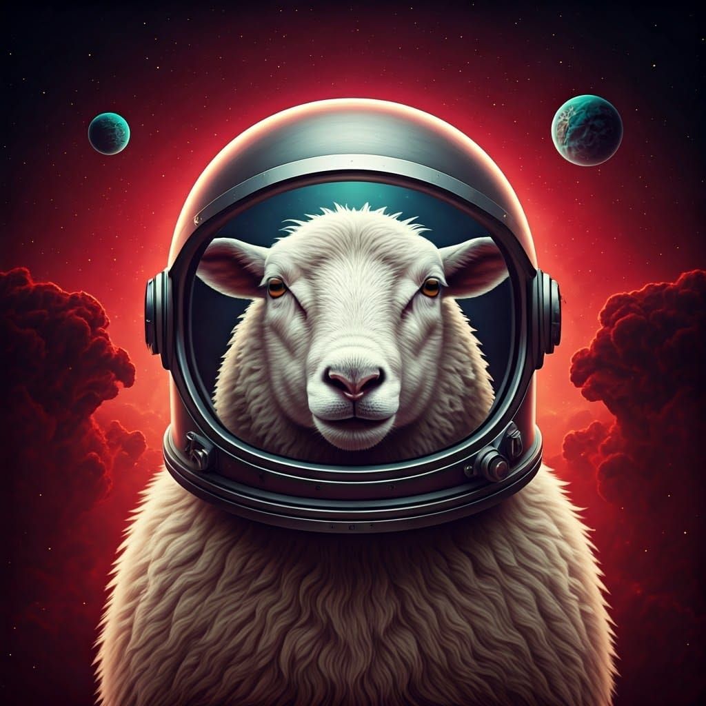 Astronaut Sheep in a Cinematic Cosmic Collage