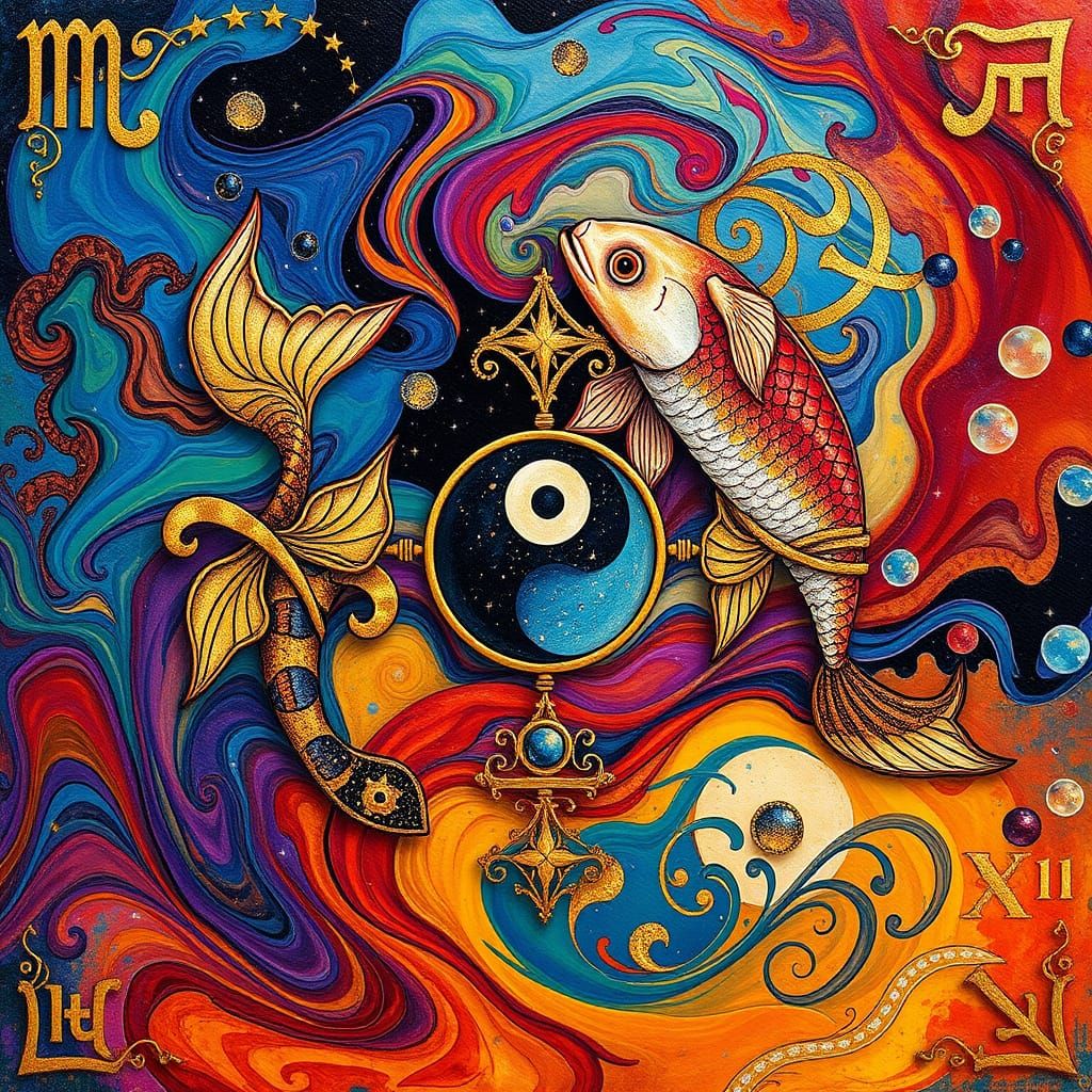 Multicolored Zodiac Masterpiece with Yin Yang Symbol and Gol...