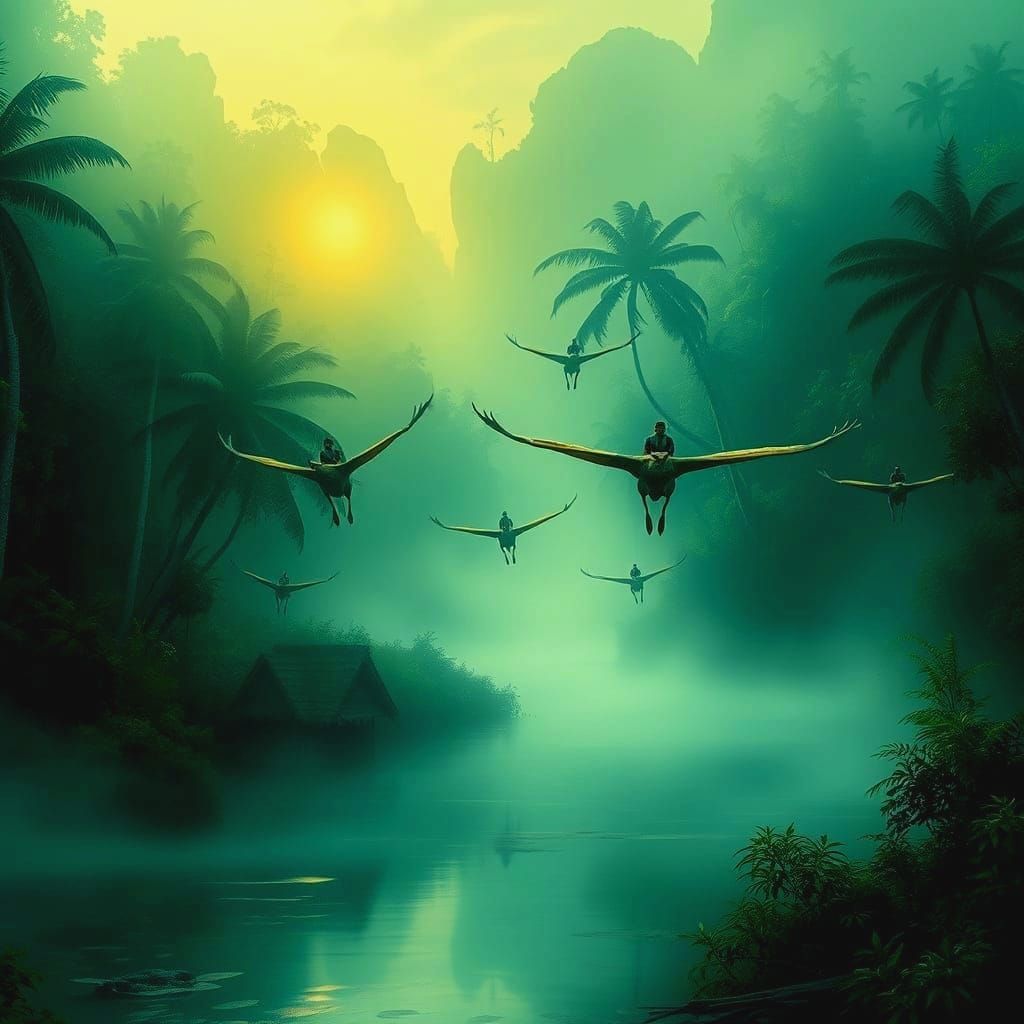 Jungle Avatars on Pterodactyls at Dawn