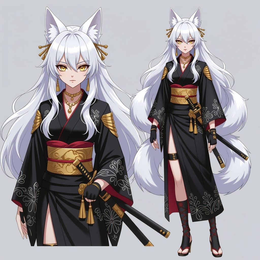 Anime Kitsune Admiral with White Hair and Golden Eyes