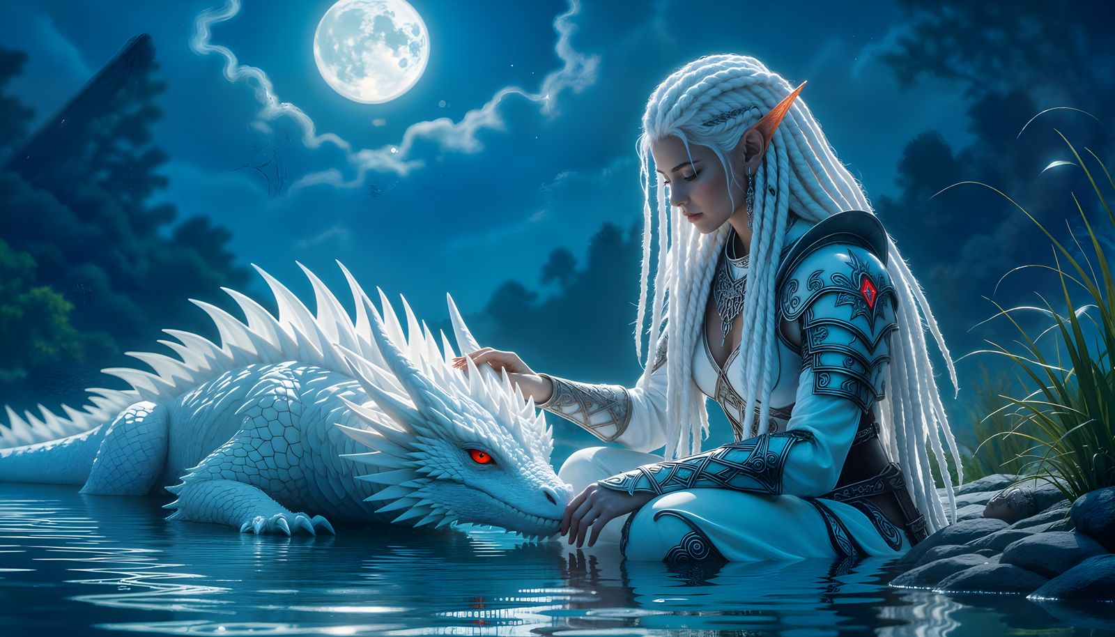 Elf Princess With White Dreadlocks Petting Crystal Dragon by...