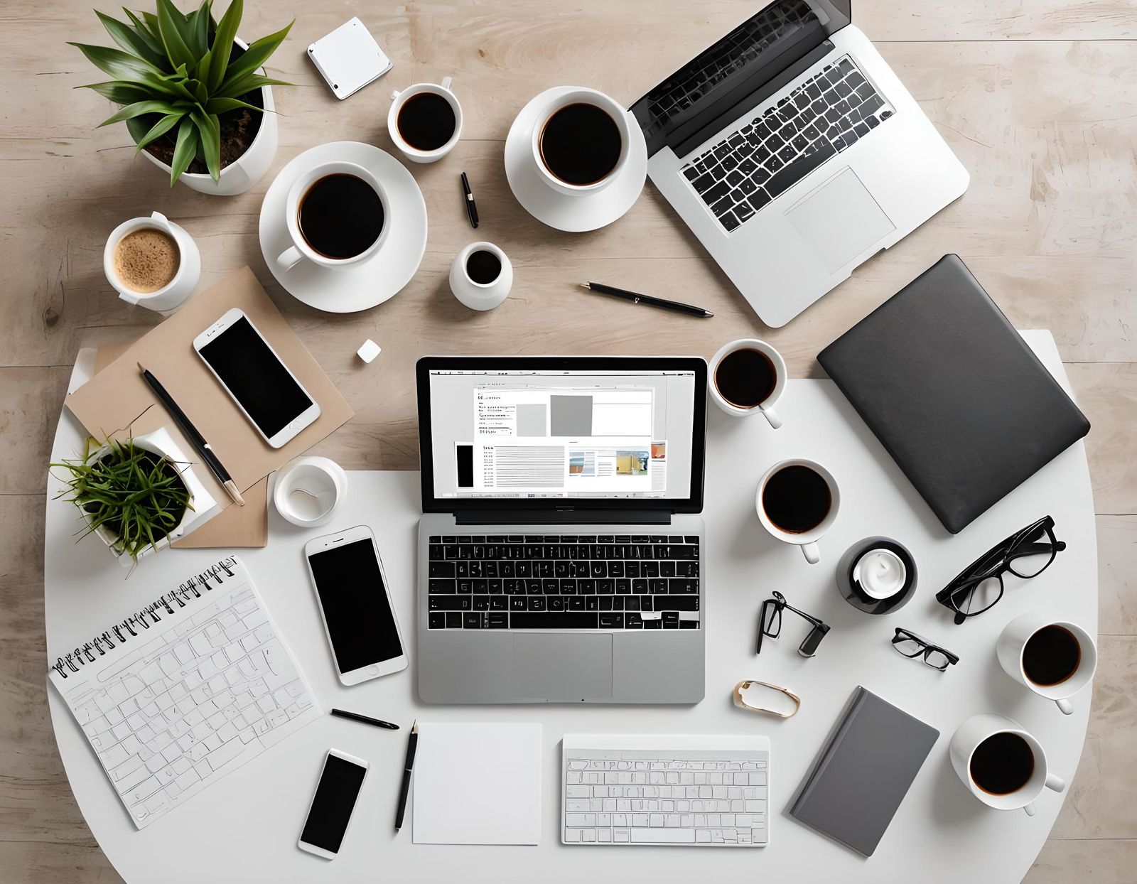 Modern White Desk Workspace with Coffee