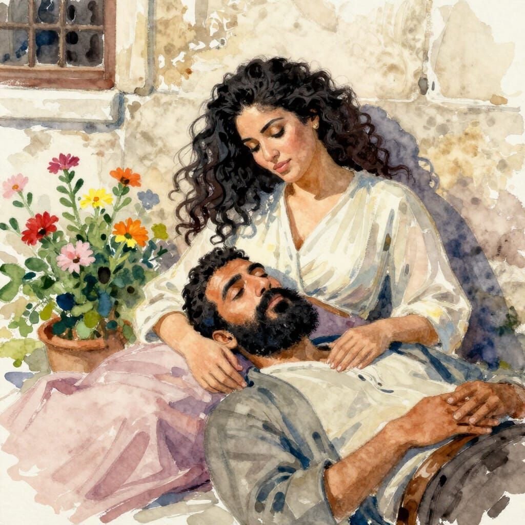 Couple Sharing Love Outside Mosque in Watercolor Style