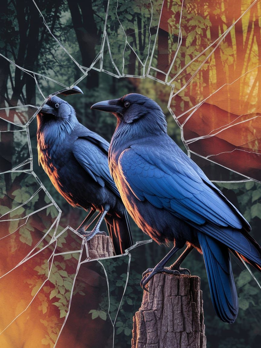 Crows in Broken Reflections, Forest Double Exposure