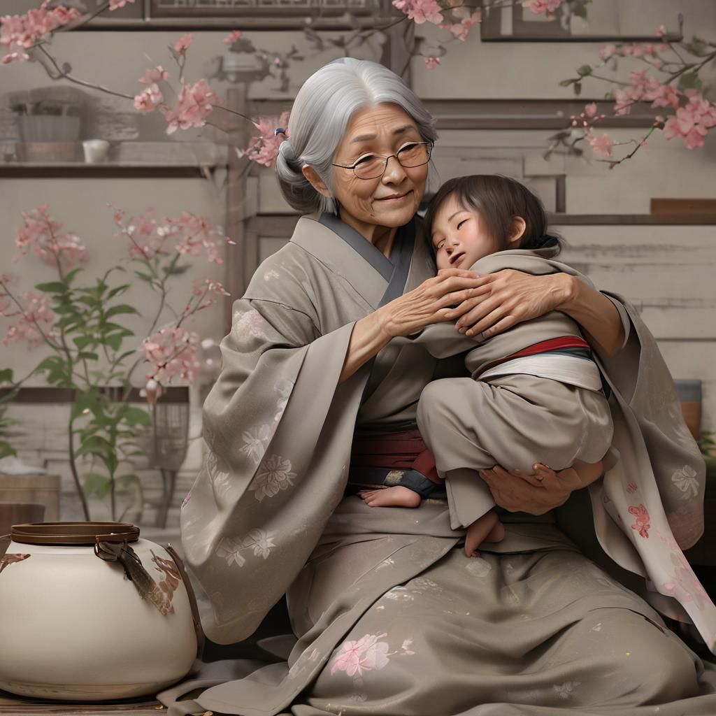 Tender Moment: Japanese Grandma and Grandchild in Anime Art