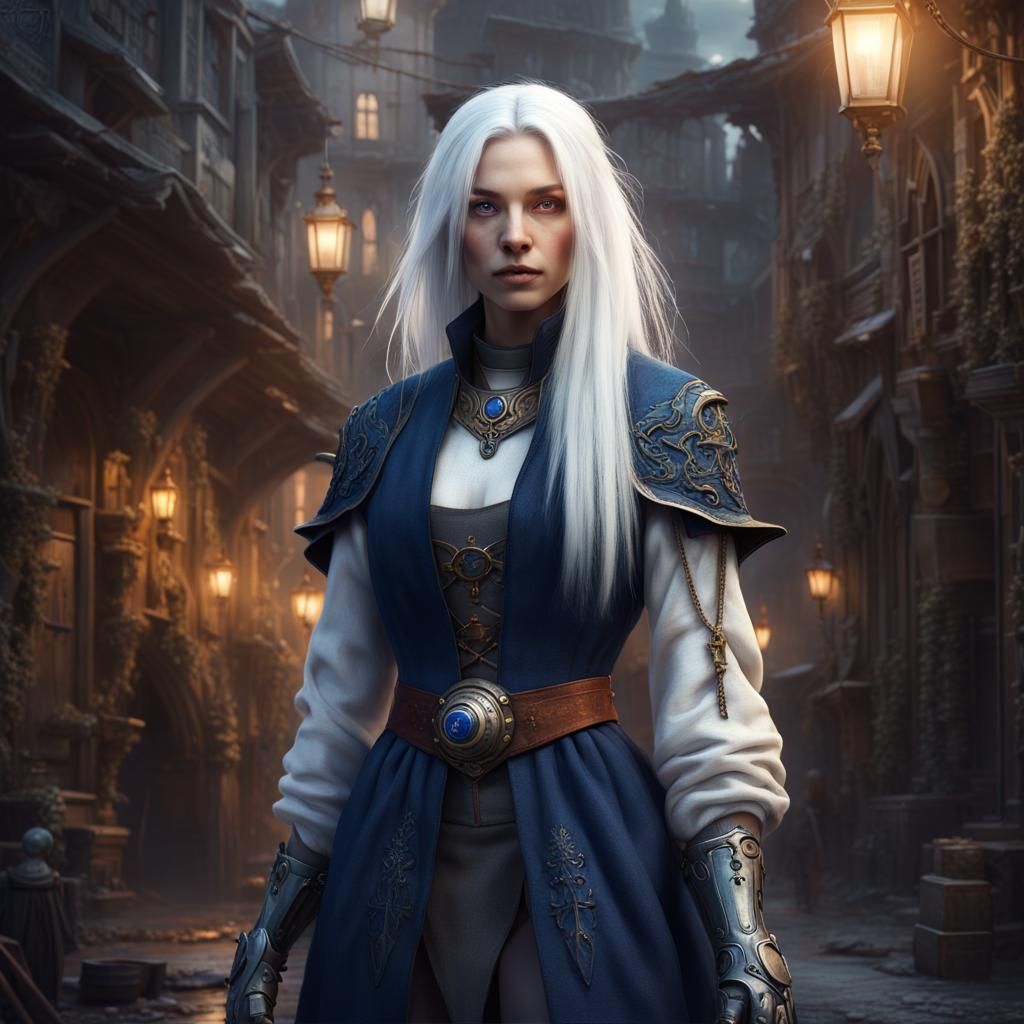 Mysterious Woman with Robotic Arm in Medieval Setting