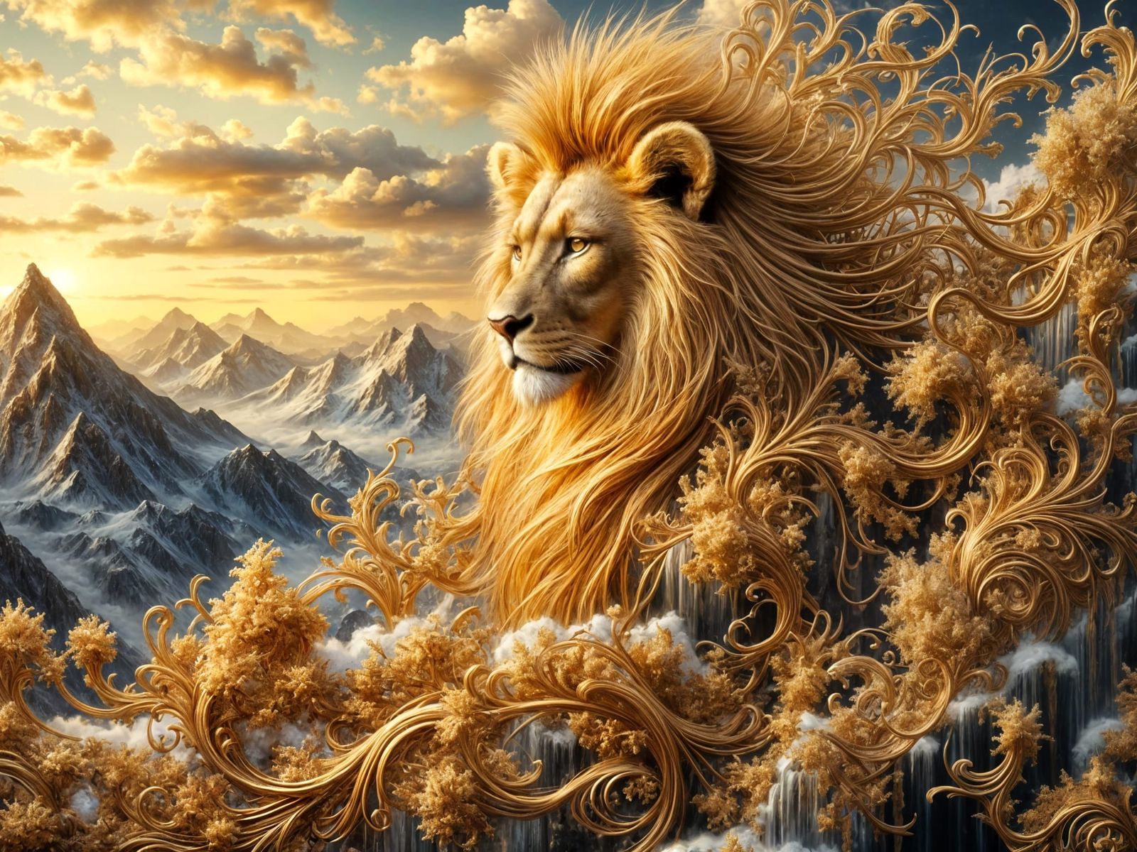 Golden Lion King on Mountain Peak as Baroque Art