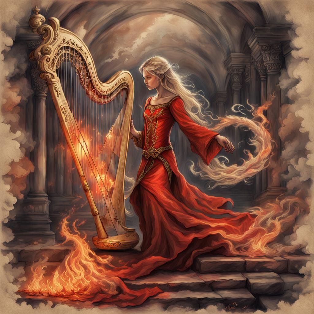 Girl with Burning Harp: Detailed Ink Sketch