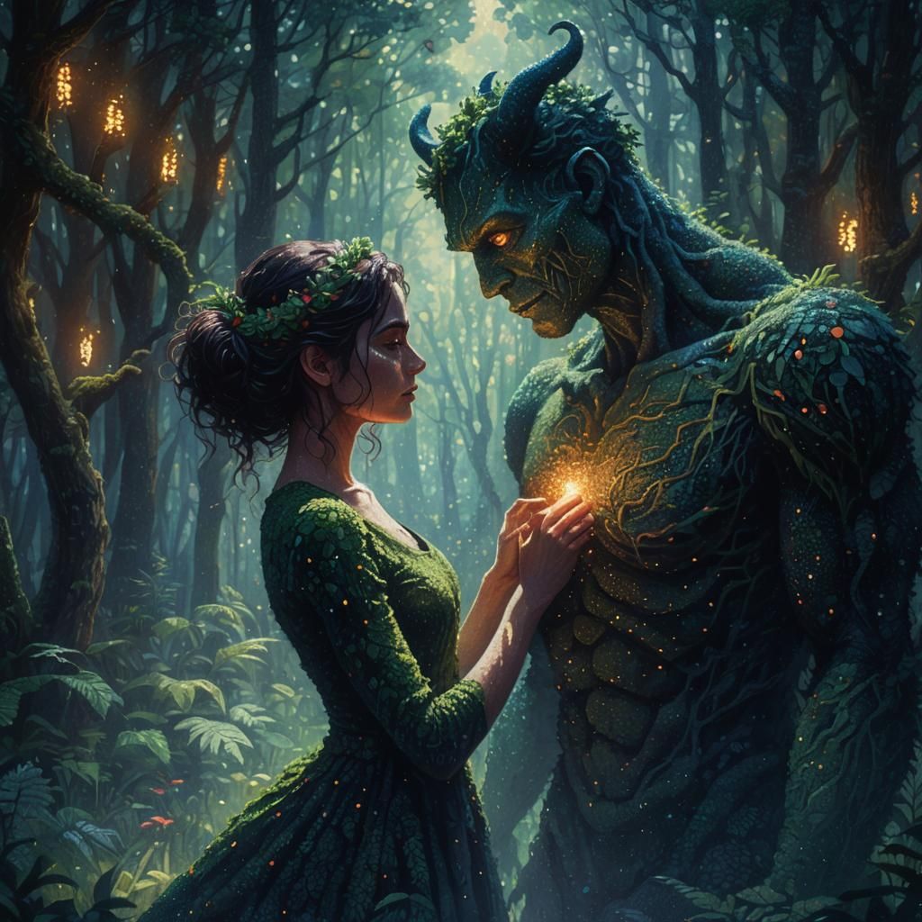 Girl and Monster Embrace in Pointillist Forest