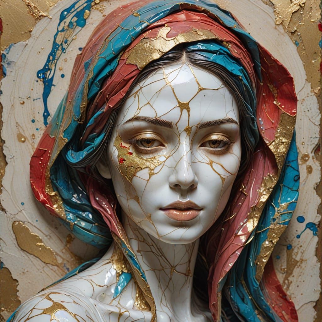 Ethereal Kintsugi Goddess in Vibrant Splashes