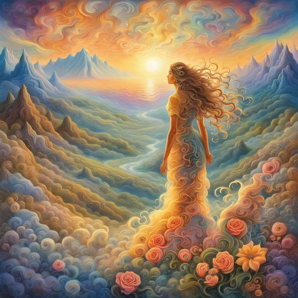 Psychedelic Dreamscape: Woman in Golden Hour Light