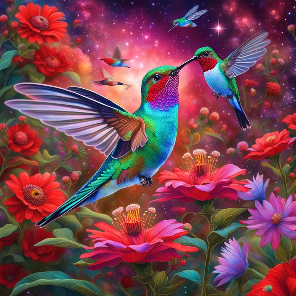 Hummingbirds and Finches in Astral English Garden