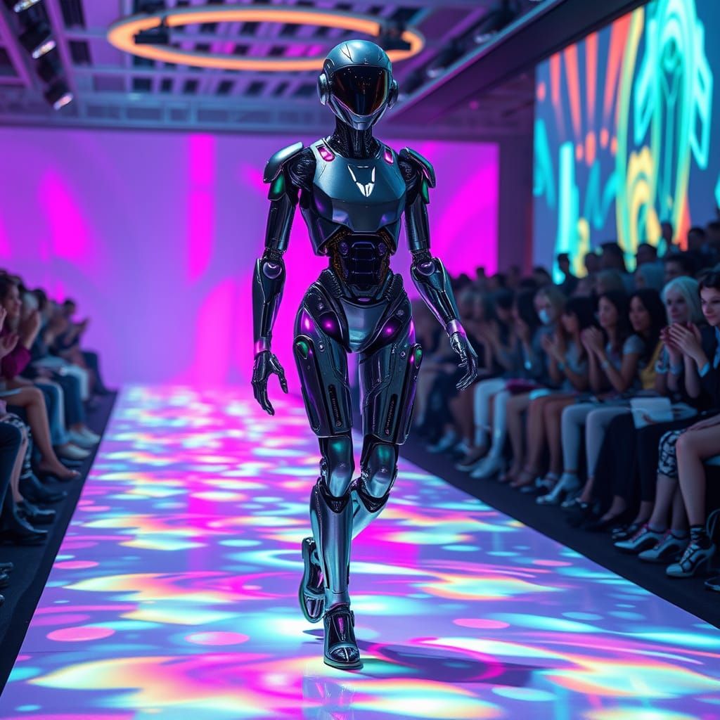 Cyberpunk Robot Struts Down Neon Catwalk in Metallic Exoskel...