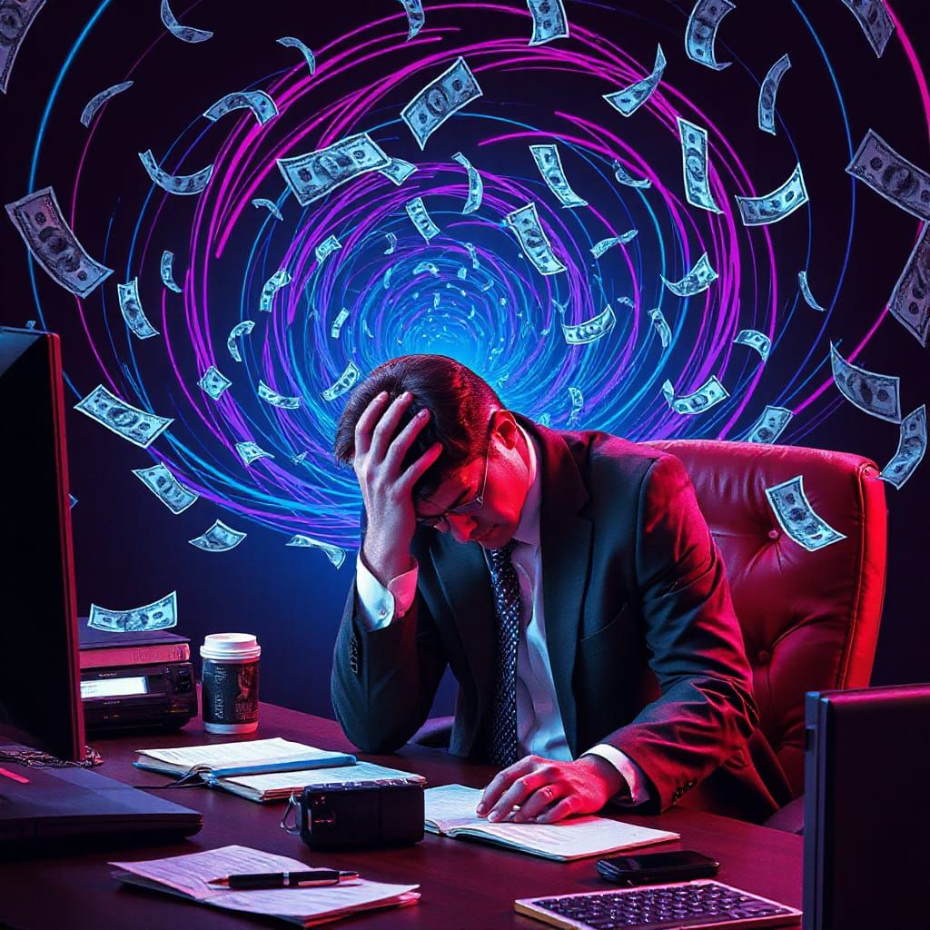 Man Exhausted by Swirling Dollar Vortex, Synthwave Neon