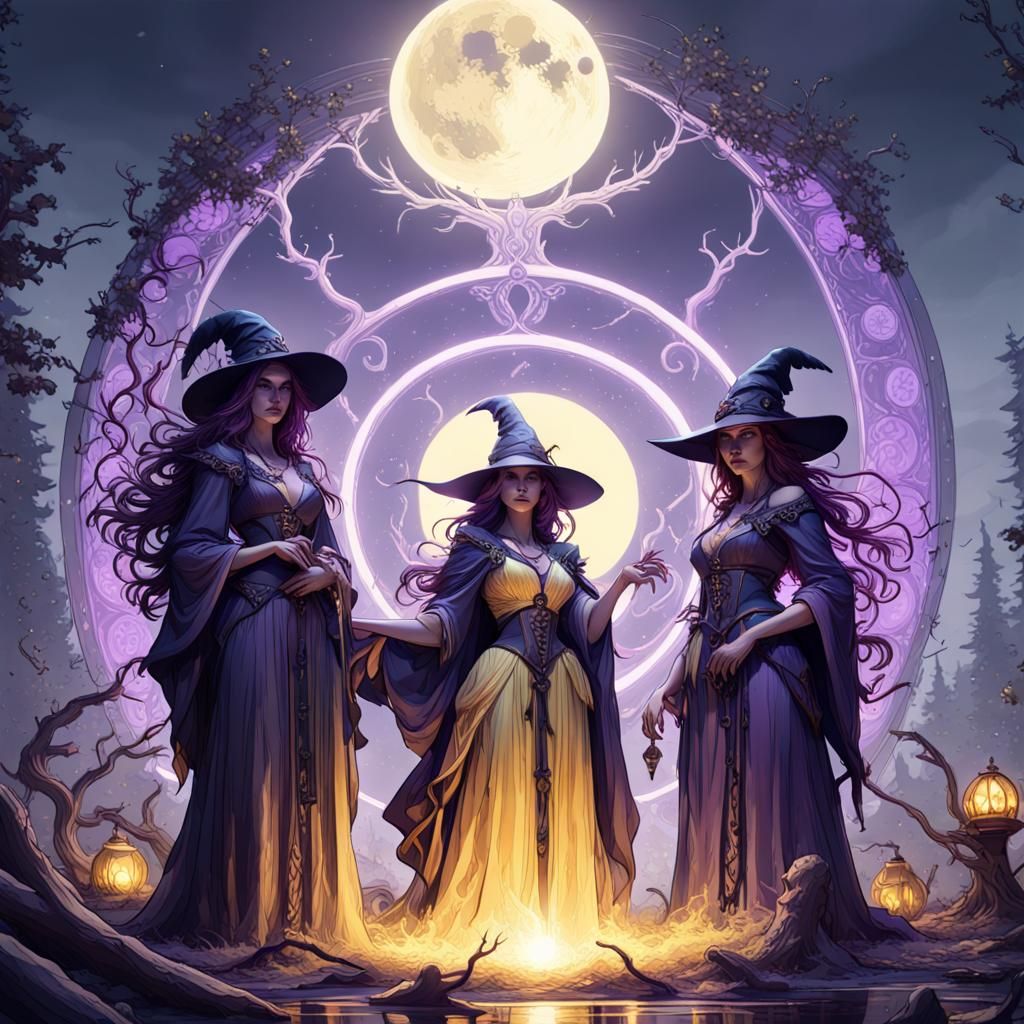 Circle of witches under a full moon