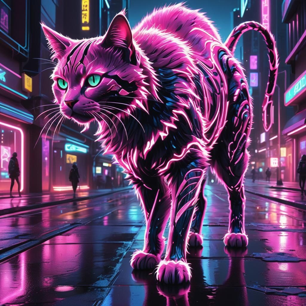 Pink Neon Cat in Futuristic Cityscape