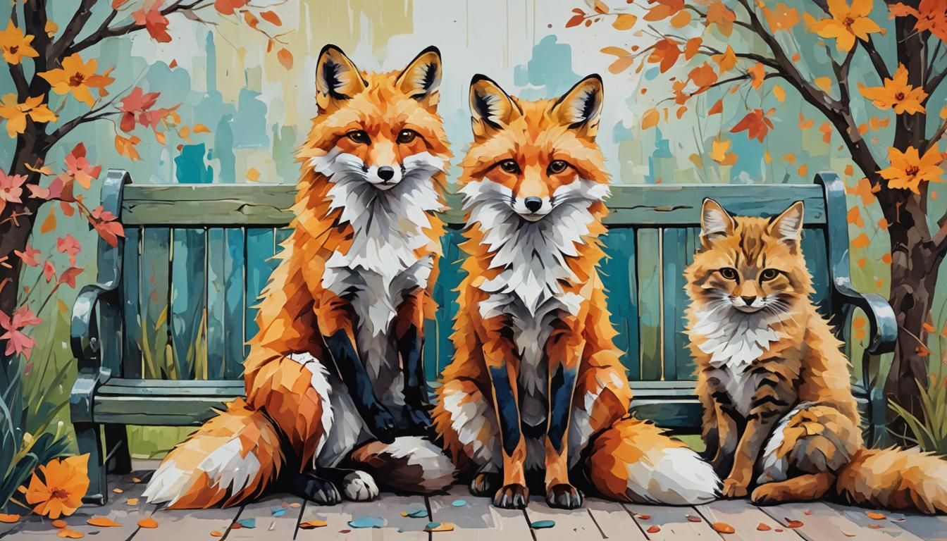 Colorful Abstract Animals on Bench in Park