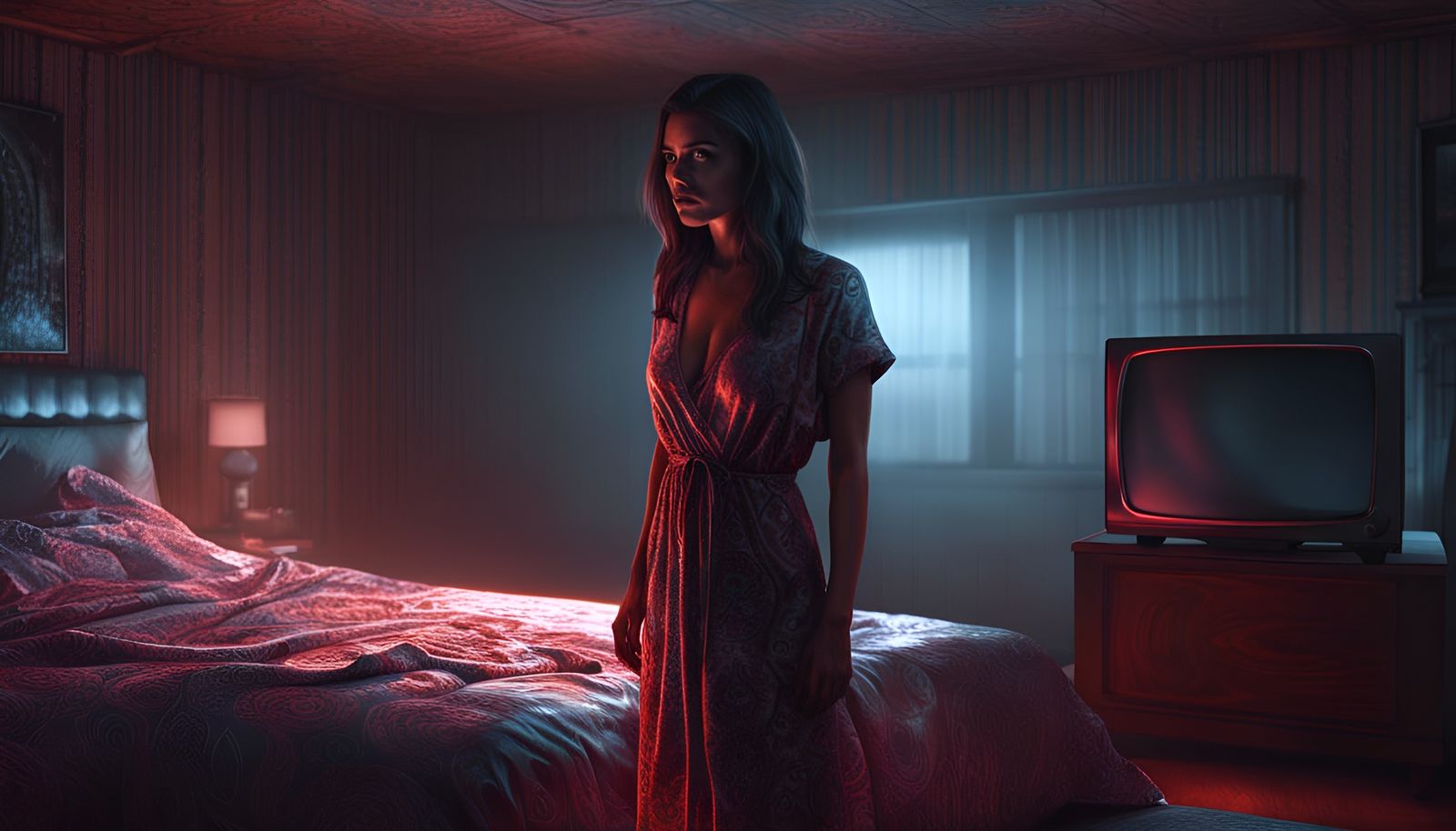 Demoniacal Woman in Noisy Bedroom: Hyperrealistic Horror