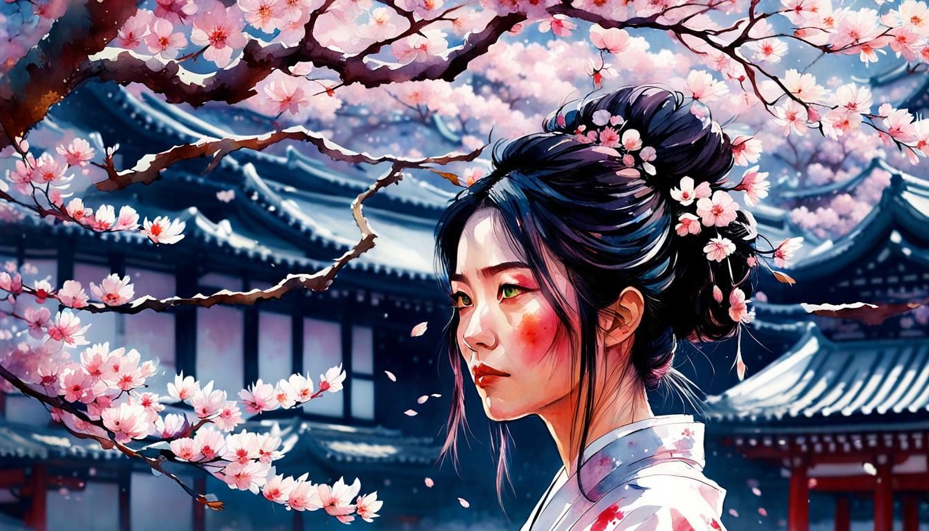 Japanese Girl in Sakura Garden: DreamWorks Animation Style