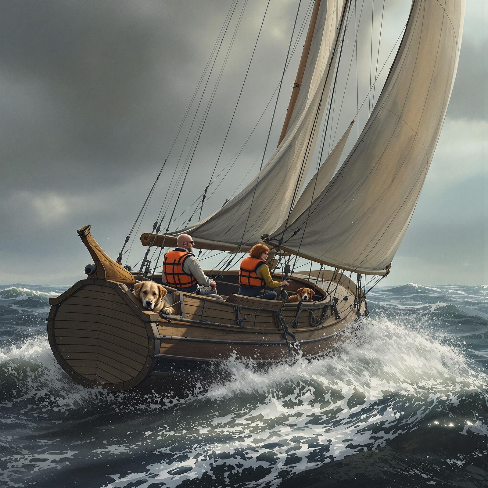 Dutch Flat-Bottomed Ship Sails Calmly Amidst Turbulent Waves