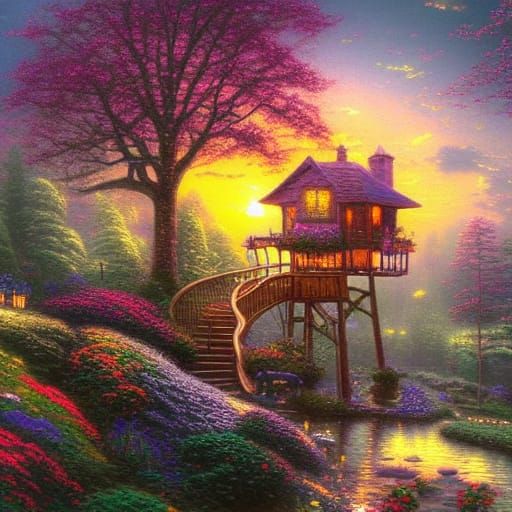 Ethereal Treehouse at Sunset in Luminist Style