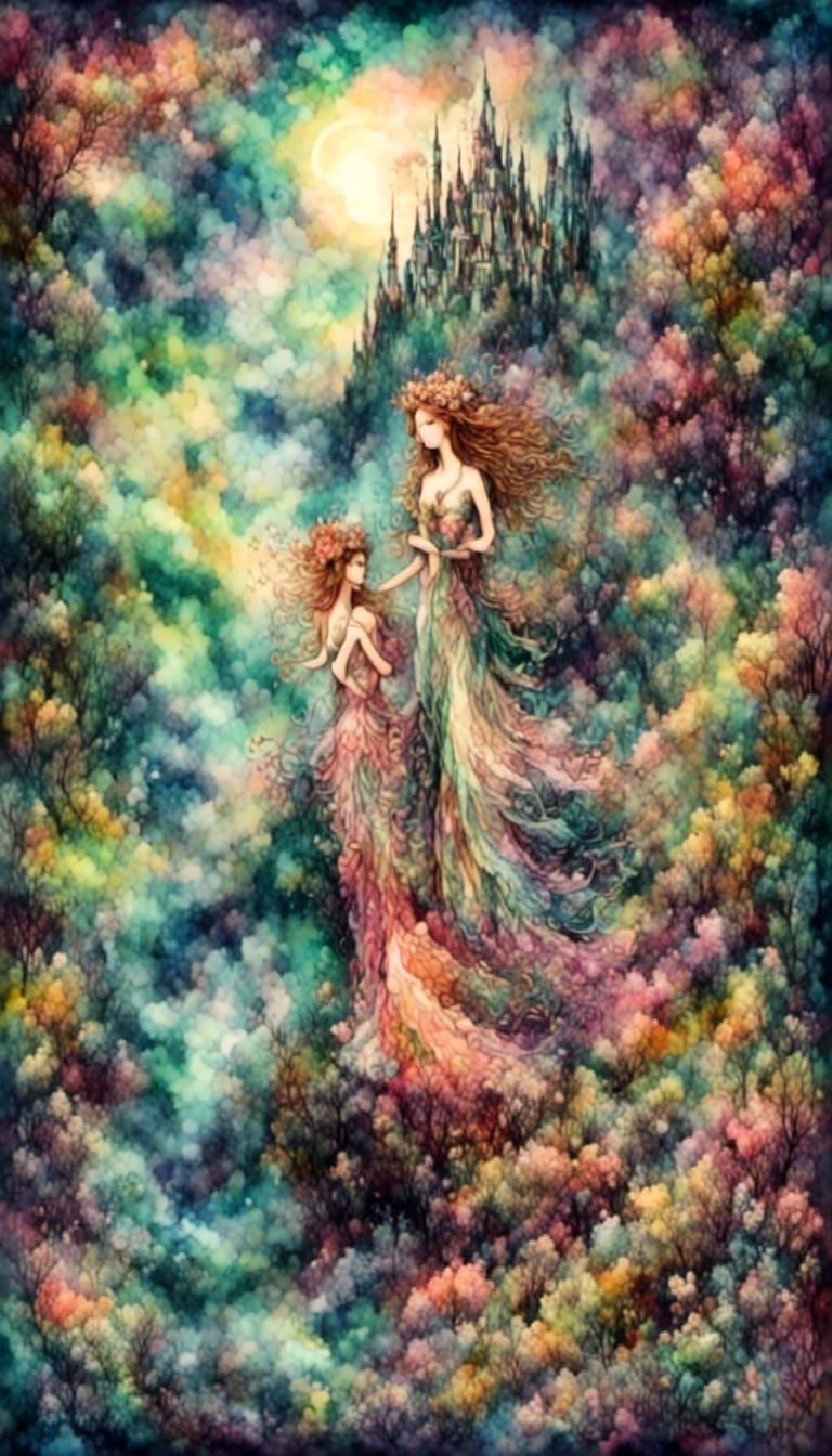 Surreal Lesbian Lovers in Romantic Watercolor Style