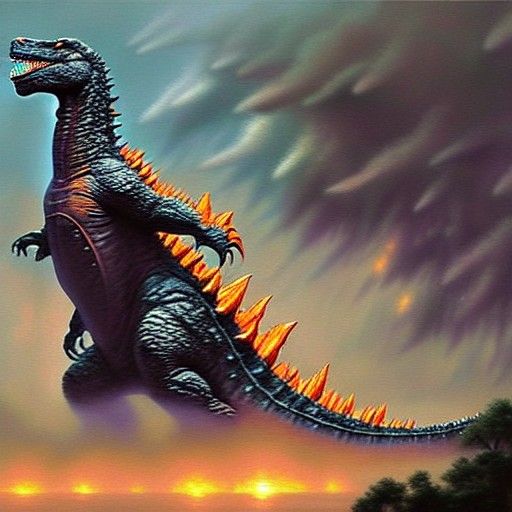 Godzilla: Realistic Dinosaur Art in Ethereal Fantasy Style