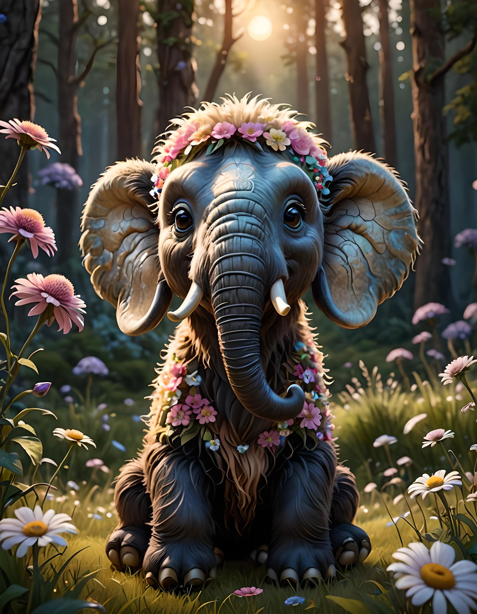 Adorable Baby Mammoth in Flower Meadow: Pixar-Style CGI
