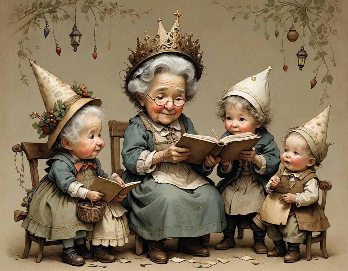 Toddler Siblings Serenade Grandma: Intricate Storybook Illus...