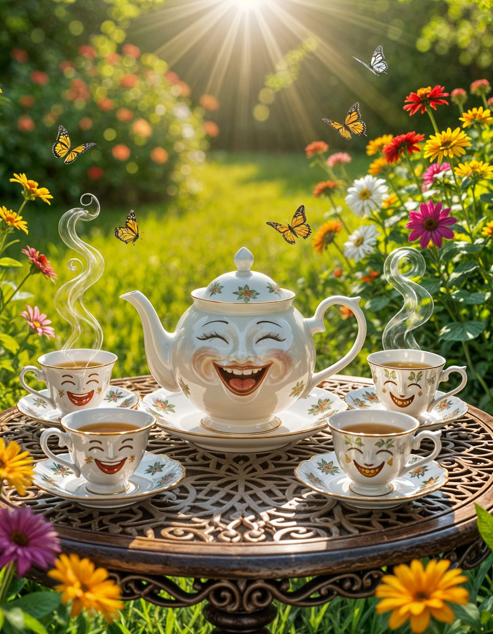Smiling Teapot and Cups in a Joyful Garden Scene