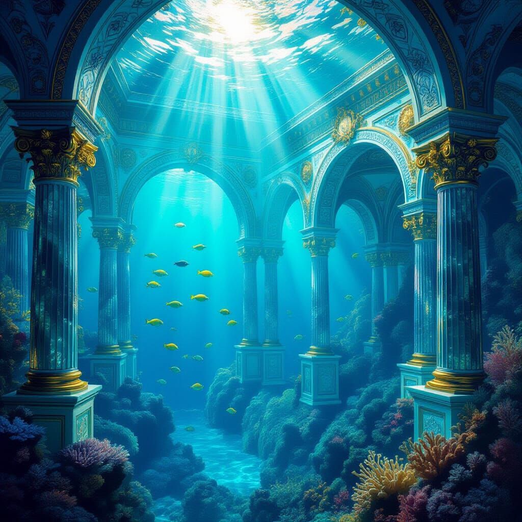 Submerged Ocean Palace with Coral Sculptures and Luminous Fi...