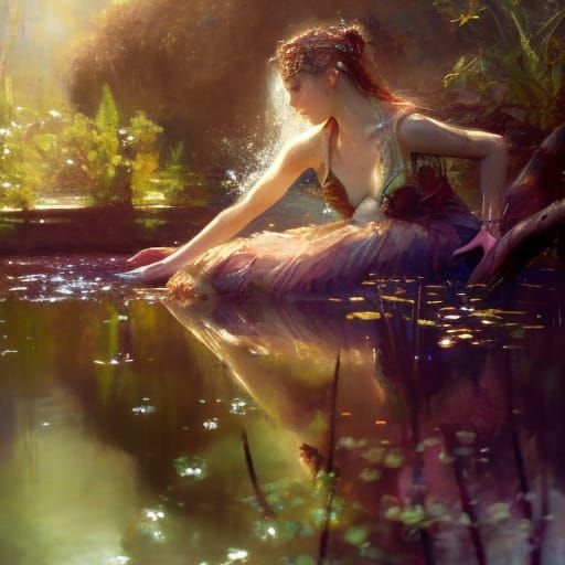 Fantasy Woman Reflected in Pond, Hyperrealistic Oil Painting
