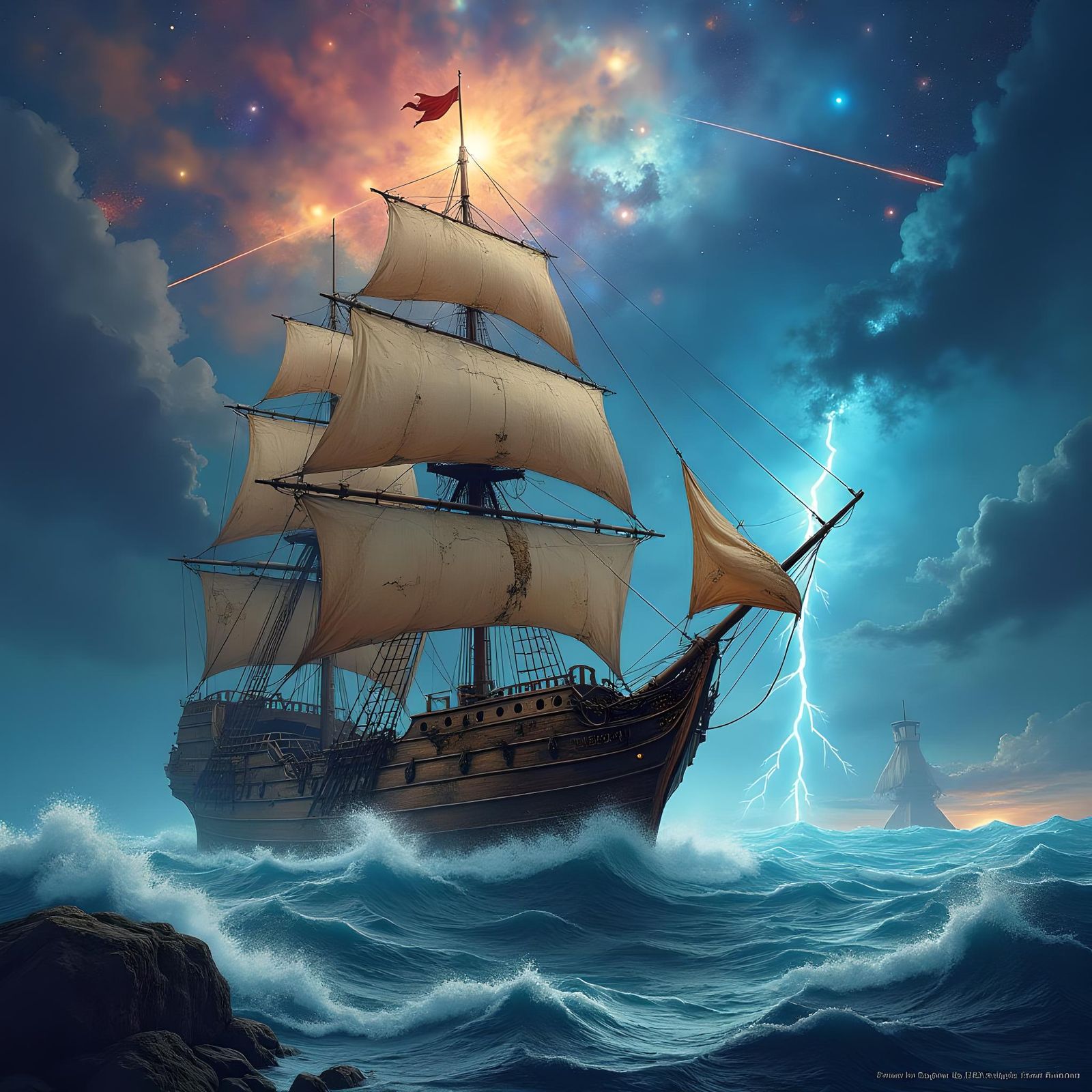 Galleon Sails Through Stormy Nebula Ocean