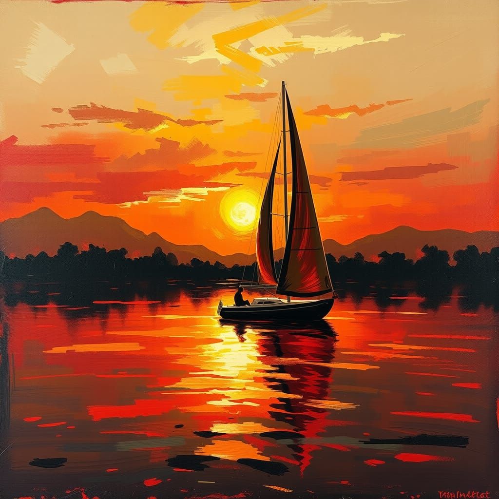 Sailboat Silhouetted at Sunset: Oil Painting