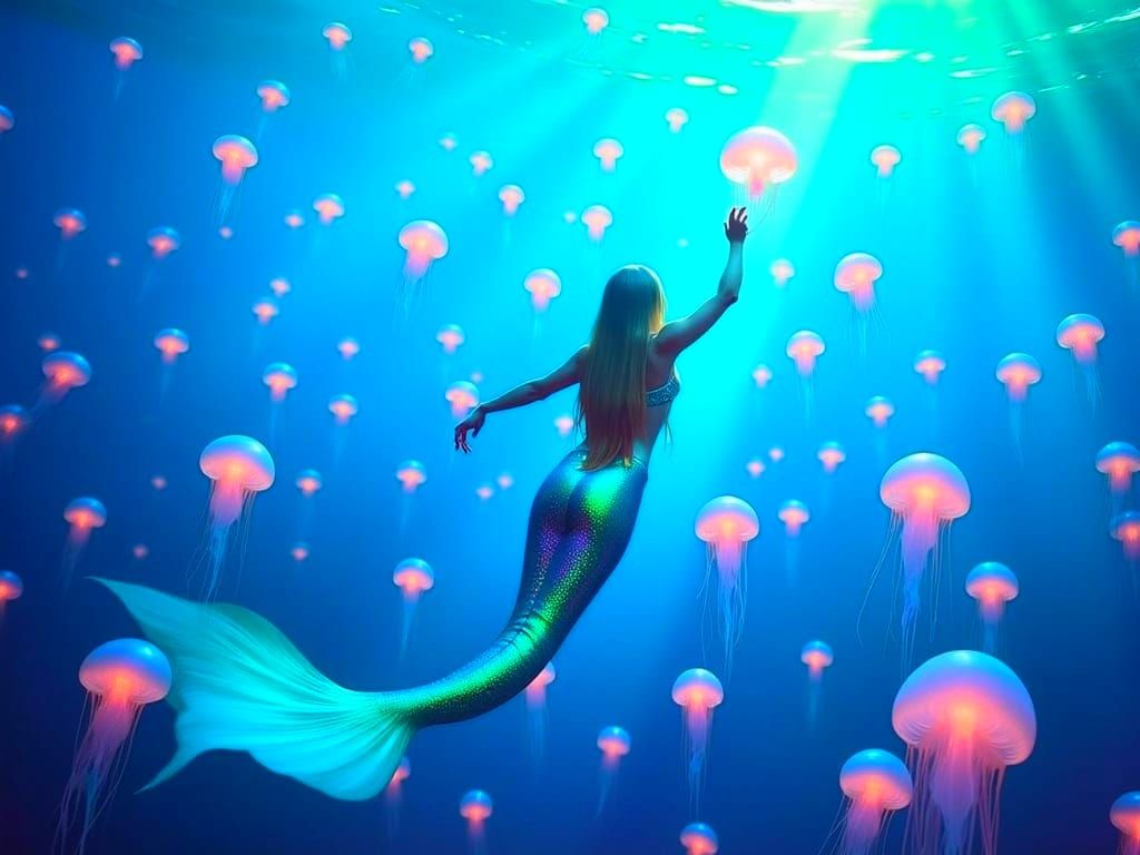 Vibrant Underwater Scene of Mermaid and Bioluminescent Jelly...