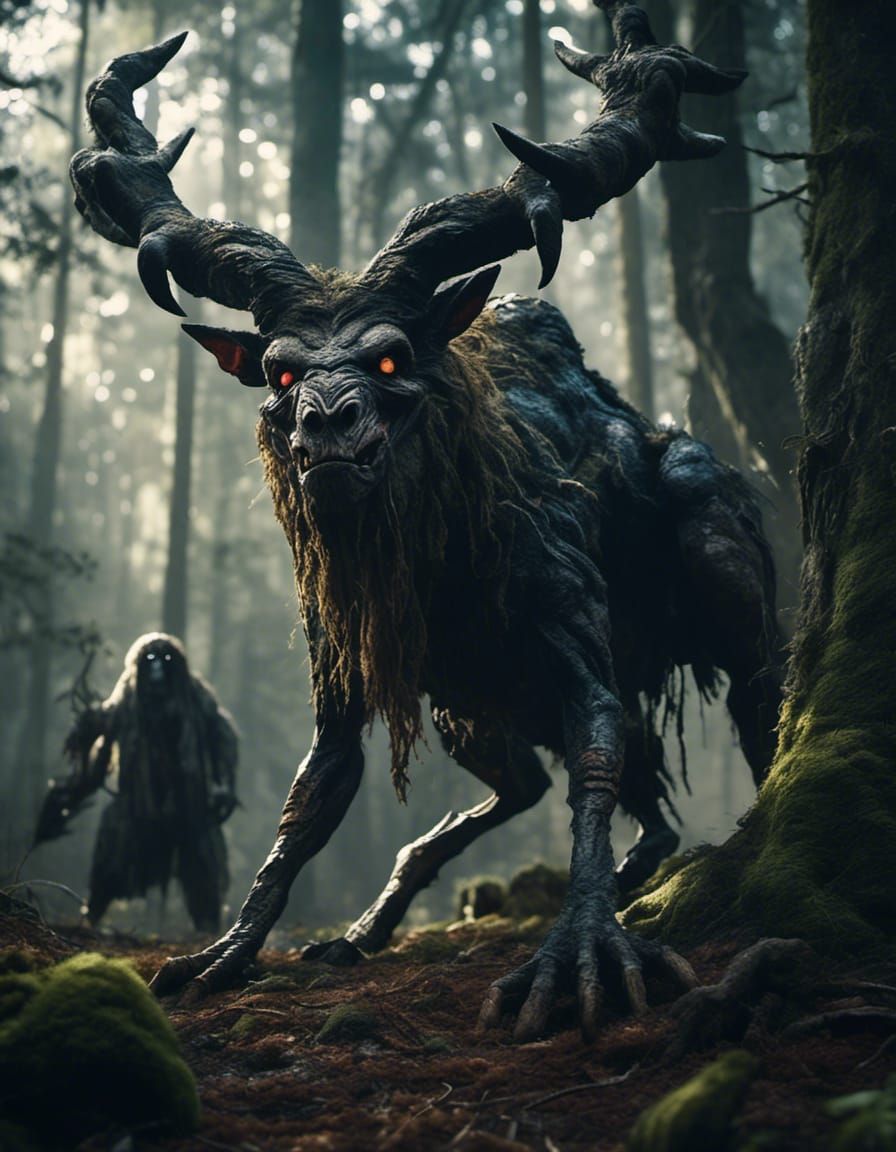 Terrifying Horned Forest Creature in Cinematic Style