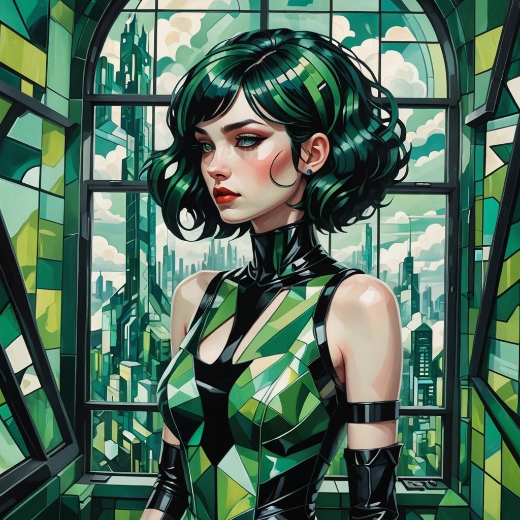 Cyberpunk Woman with Cubist Window Scene