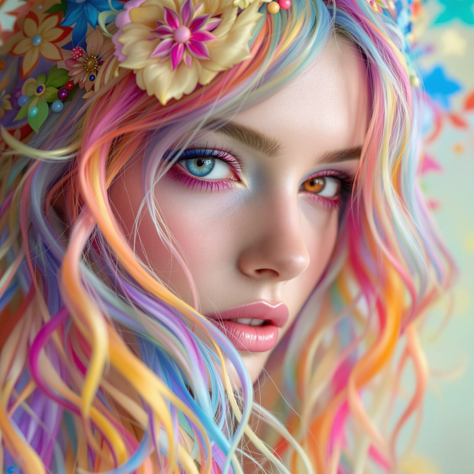 Rainbow Hair Portrait in Art Nouveau Style