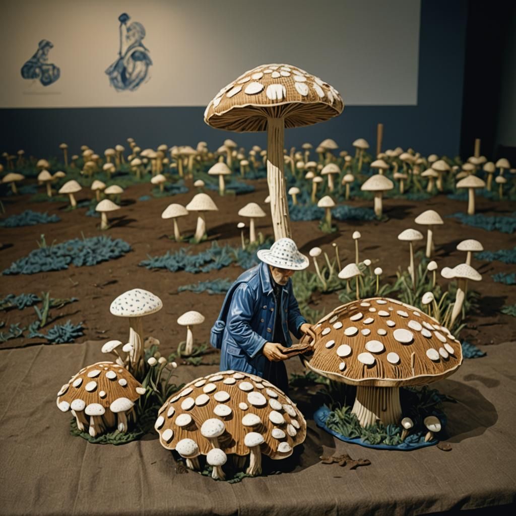 Italian Activists Tending Giant Mushrooms: Linocut Style