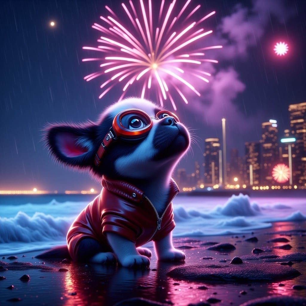 French Bulldog in Cyberpunk Cityscape at Night, Watching Fir...