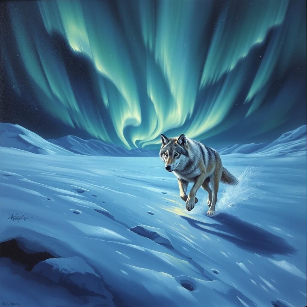 Aurora Wolf Running in Arctic Landscape Painting