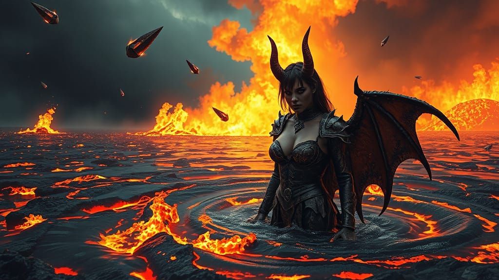 Female Demon Emerges from Lava in Gothic Horror Style