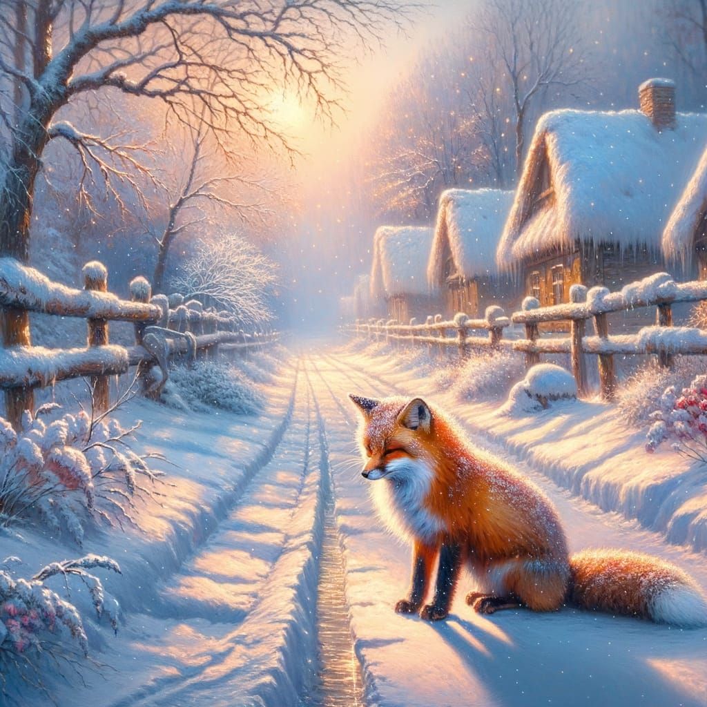 Fluffy Fox in Snowy Village Path, Impressionist Style