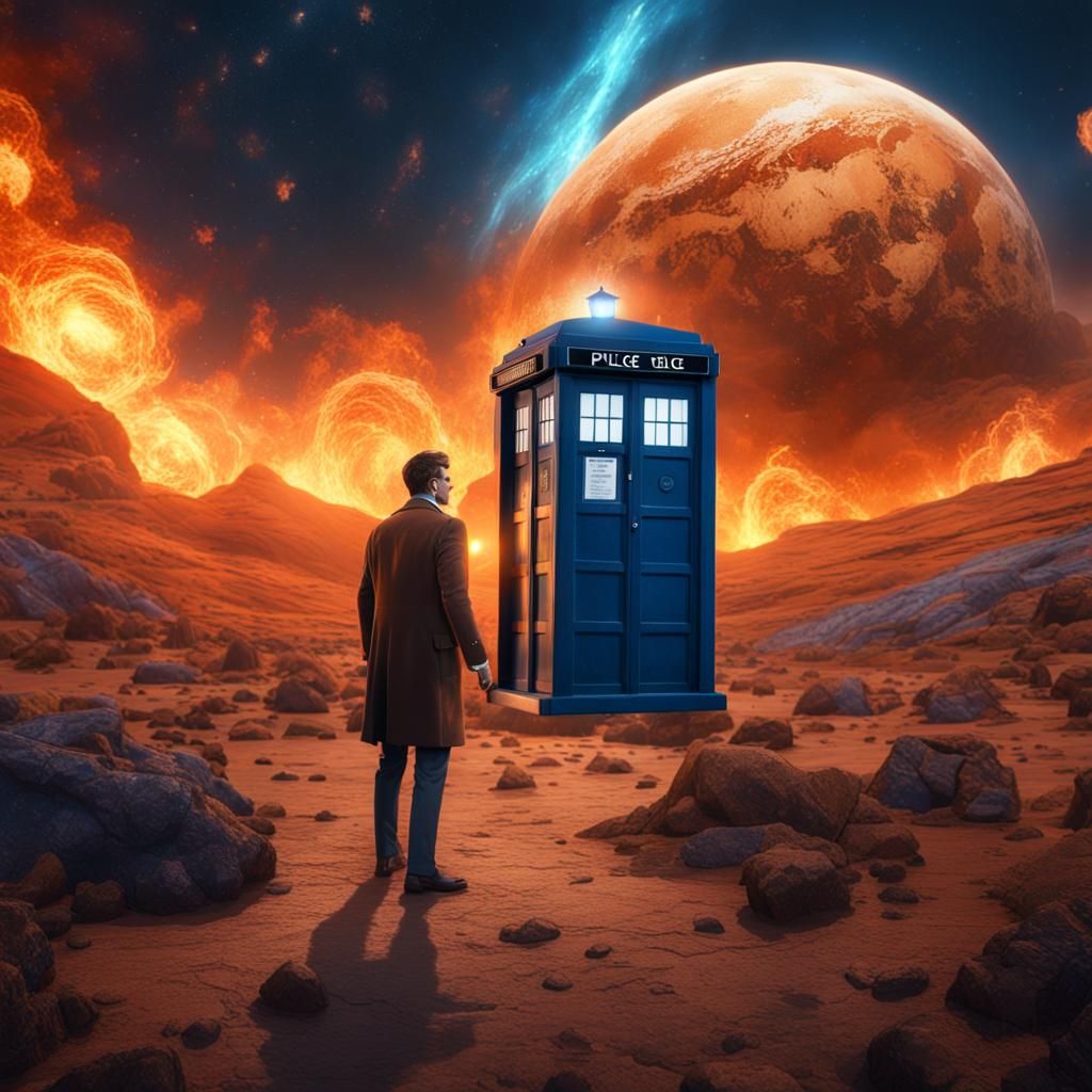 Blue Police Box on a Flaming Planet