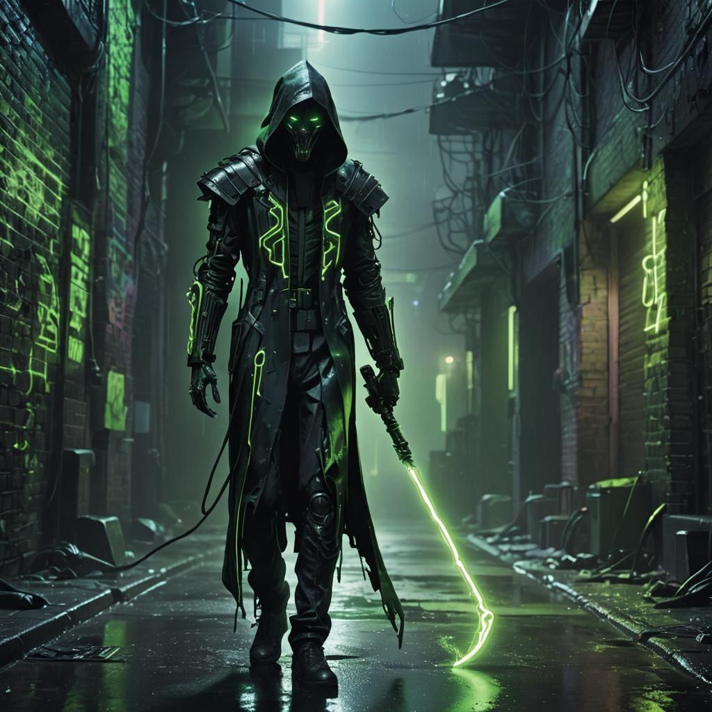 Cyberpunk Grim Reaper in Neon Noir Alleyway